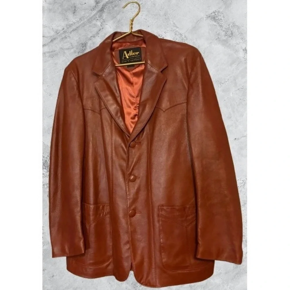 Vintage Adler Leather Mens 44 Cognac Brown Western Blazer Jacket 70s California